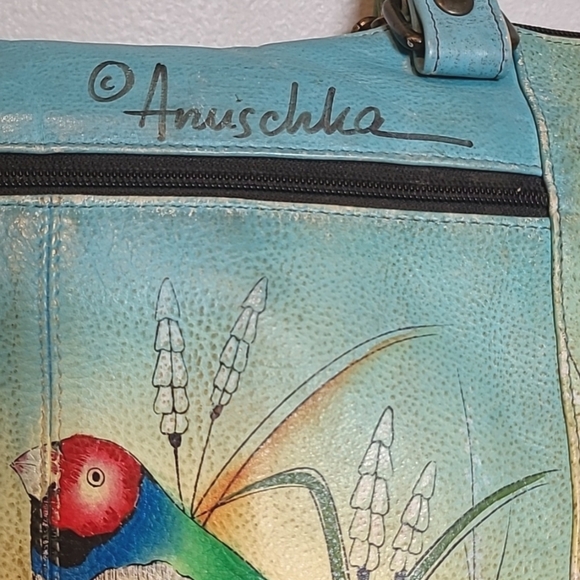 Anuschka Leather Vibrant Hand-Painted Parrot Design Tote Bag Artsy Boho Unique - Picture 5 of 16